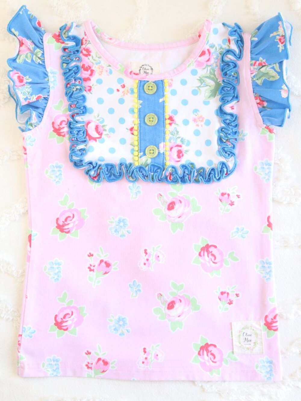 Olive Mae | Floral Polka Dot Ruffle Pom Pom Button Front Bib Tank Top Shirt Sz 5